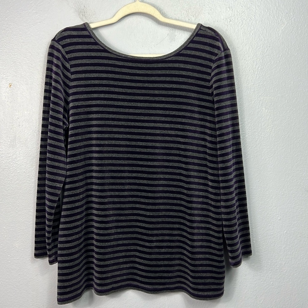 Talbots Velvet Purple Gray Stripe Long Sleeve Scoop Neck Tunic Top Large Petite